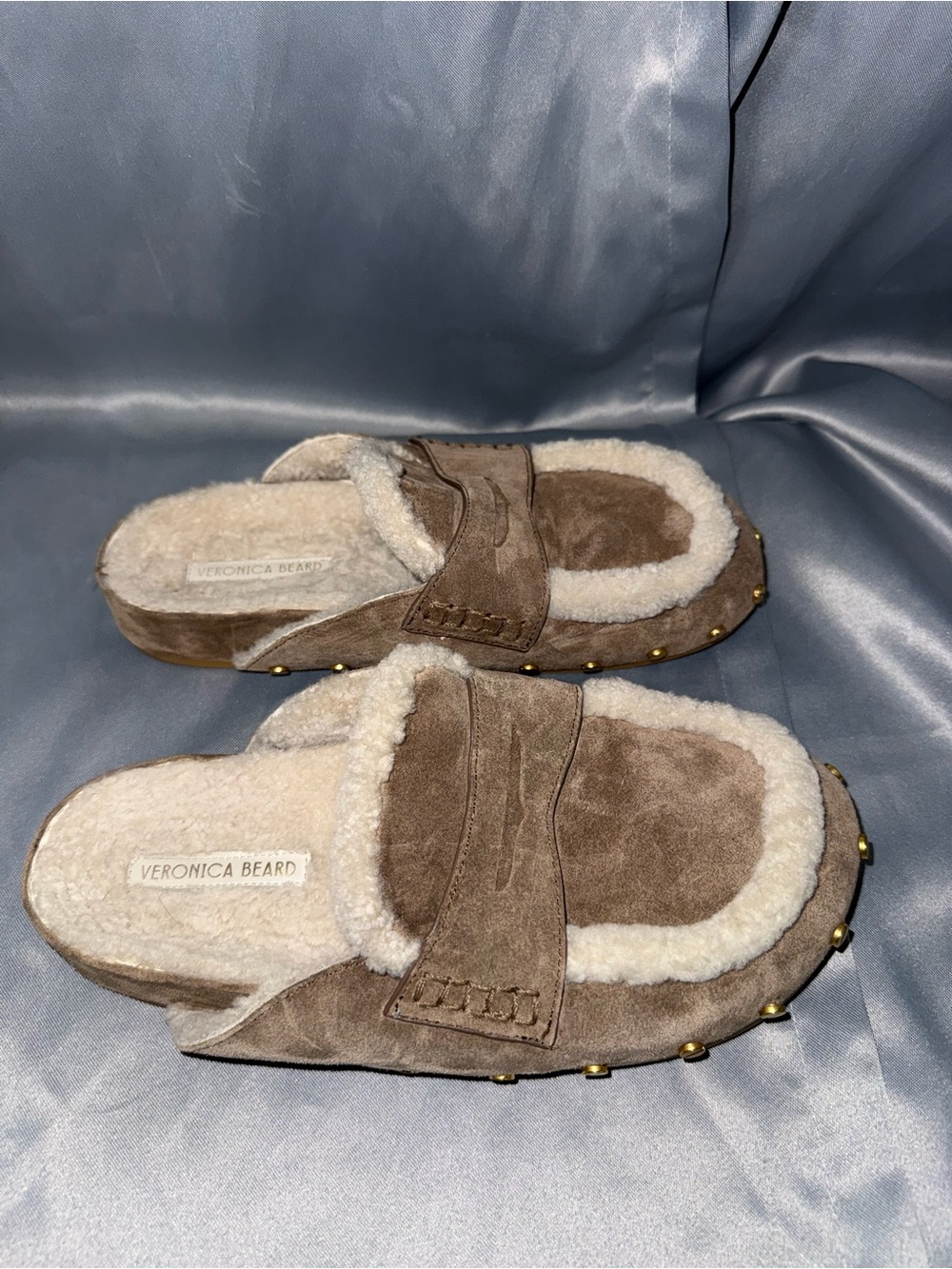 Veronica Beard Taupe Suede Shearling Studded Mule Slides